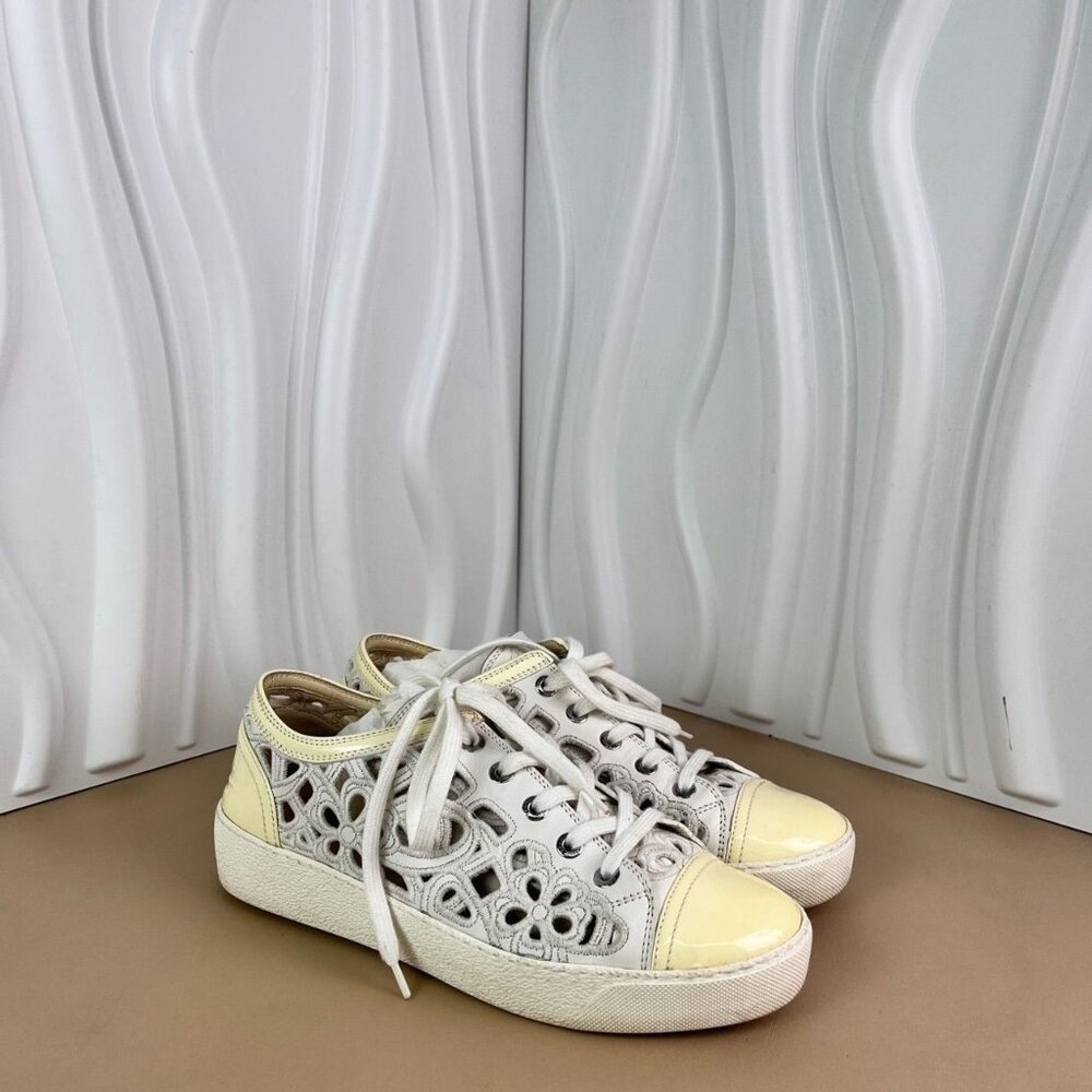 Chanel White Leather Perforated Lace-Up Sneakers With Yellow Toe Cap & Heel Acce - Picture 2 of 8